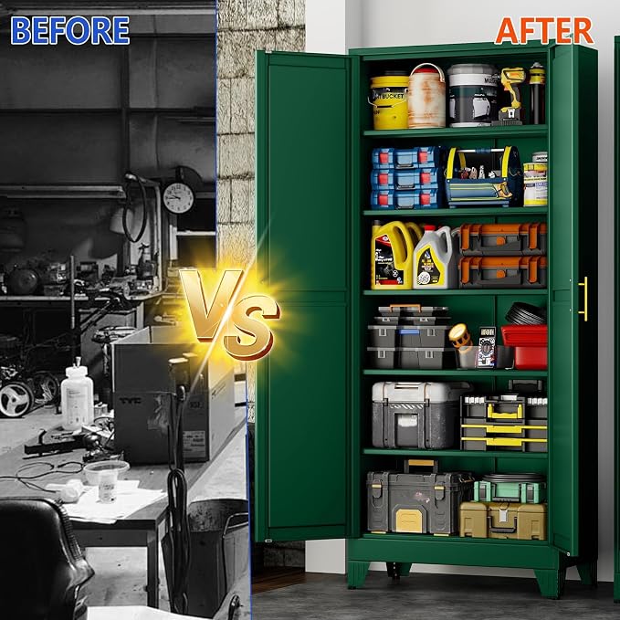 GAIOUS 75'' Tall Metal Garage Storage Cabinet,File Cabinet with Door and Adjustable Shelves, Outdoor Steel Tool Cabinet for Home,Office,Warehouse,Garage,Green