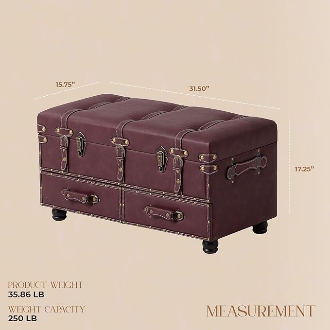 COZAYH Vintage Storage Ottoman Bench, Dark Magenta | Faux Leather, Wood Frame, 31.5x15.75x17.25 in, 250 lb Capacity, Hinged Lid, 2 Latches, Side Handles