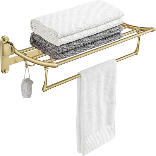 24 Inch Brushed Gold Towel Racks, Bathroom Towel Shelf with Foldable Towel Bar Holder and Towel Hooks, Wall Mounted Multifunctional Bathroom Accessories, Double Towel Bars