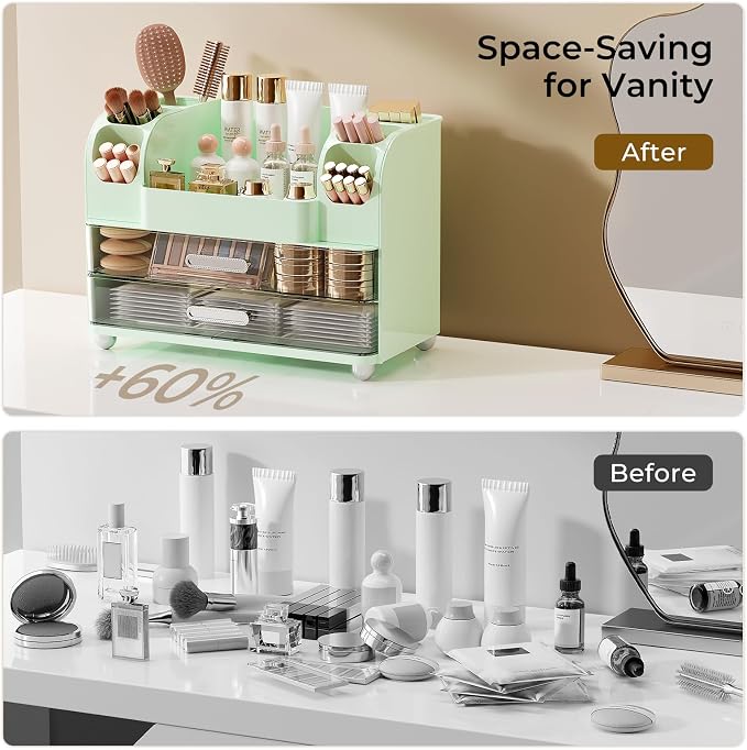 UFORU Makeup Organizer Countertop with 2 Large Drawers for Vanity Bathroom | Brush Holder, Large Capacity, Thickened Plastic, Compact Footprint, Space-Saving Design, Easy Clean, Ideal for Dorm Rooms
