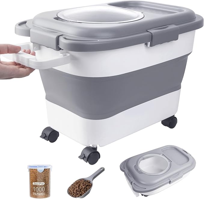 15-23 Lbs Dog Food Storage Container Airtight,Collapsible Pet Food Storage | Dog Food Container with Double Seal & Magnetic Lid,Cat Food Container with Wheels & Handle for Easy Moving,Small Jar,Scoop