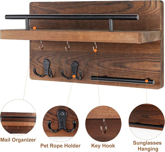 OurWarm Wall Mounted Key Holder/Hangers for Wall Decorative with 5 Key Hooks, Wooden Mail Rack Organizer with Shelf, Rustic Home Decor for Entryway Mudroom Hallway Office, Brown
