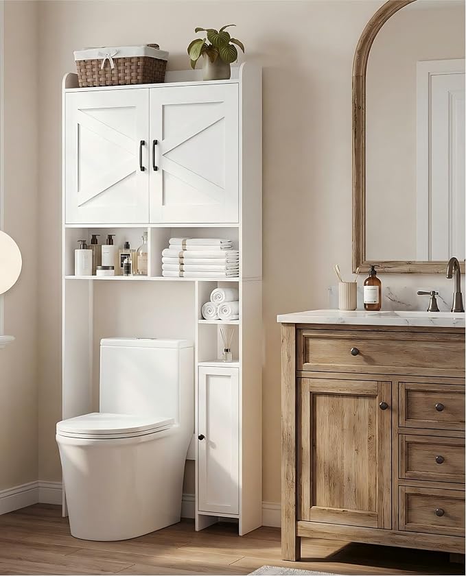 Homhedy Wooden Over The Toilet Storage Cabinet with Barn Door | Freestanding Bathroom Storage, Toilet Paper Holder, Adjustable Shelf,Space-Saving, Farmhouse Style, White