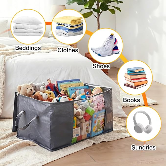 Blanket Storage Bags 6 Pack 90L Clothes Closet Organizer Containers PE | High-Strength PE, Reinforced Handle, Dual-Slider Zipper, Clear Window and Label Pocket, Ventilated Foldable Design