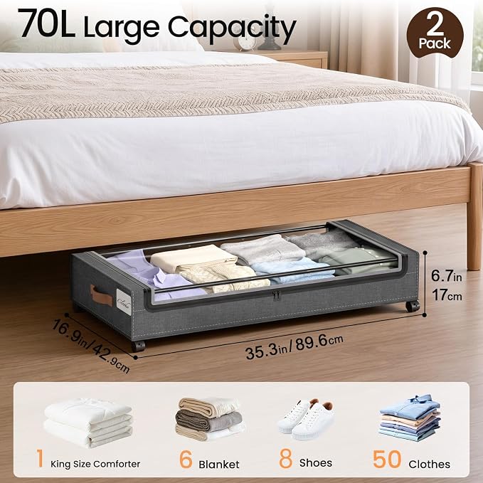 Yecaye 70L Under Bed Storage with Wheels, 2Pack Larger Capacity Under Bed Storage Containers, Underbed Shoe Storage Organizer, Rolling Under Bed Metal Drawers for Clothes, Blankets(35.5 x 17 x 6.7in)
