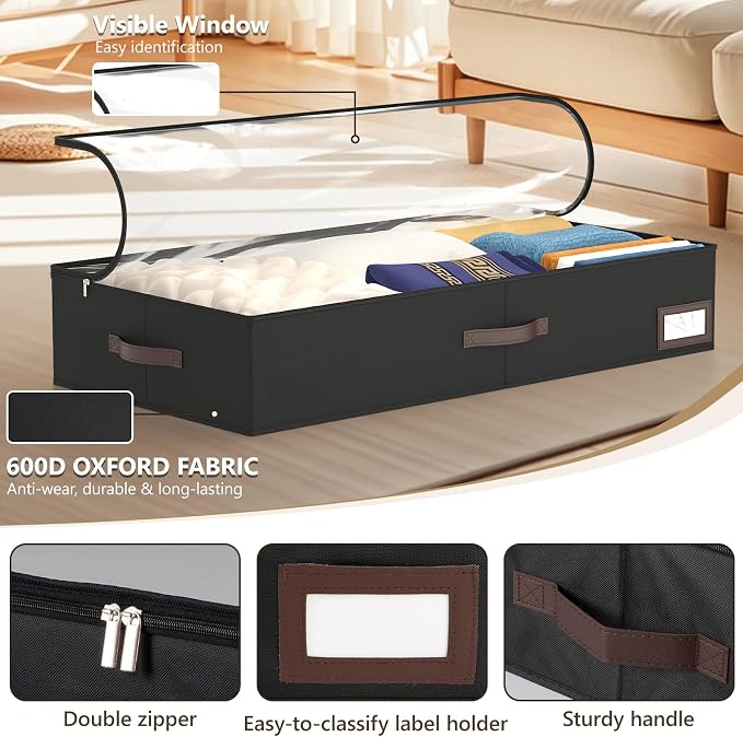 OIAHOMY 2 Pack Under Bed Storage with Handles, Underbed Container for Bedroom & Closet, Fits Beds Higher than 6", Under the Bed Storage for Seasonal Clothes, Blankets & Shoes - Black