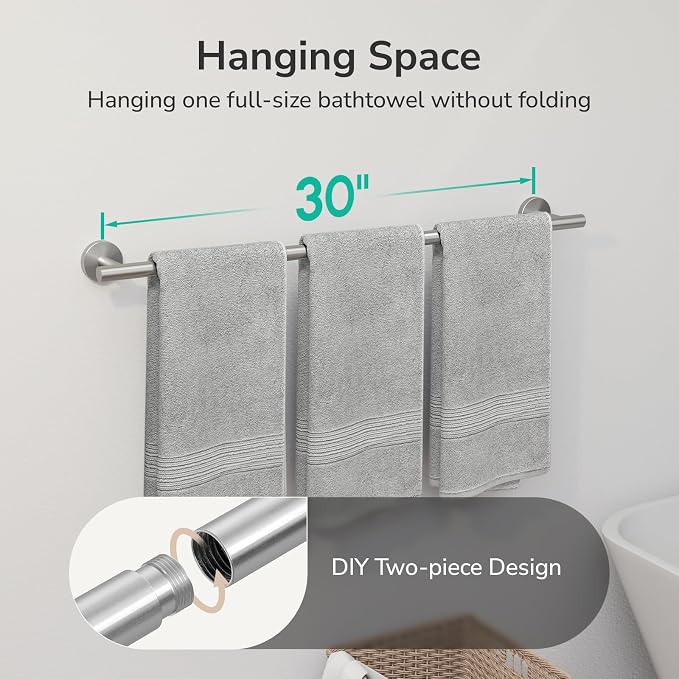 USHOWER Brushed Nickel Bath Towel Bar, 30-Inch Towel Racks for Bathroom | Thicken SUS304 Stainless Steel Towel Rod, Towel Holder Wall-Mounted, Modern Home Decor (Total Length 32-Inch)