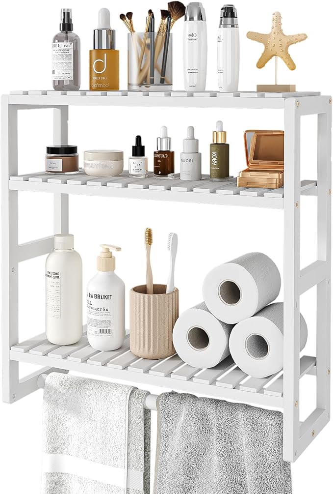 Galood Over The Toilet Storage Bathroom Shelves Wall Mounted 3 Tier Space Saver Corner Shelf Organizer Bamboo Towel Rack Toilet Paper Cabinet with Hanging Rod White