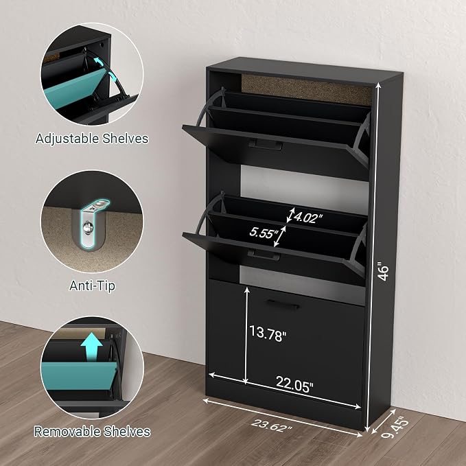 Shoe Cabinet with 3 Flip Drawers, Narrow Freestanding Shoe Organizer, Hidden Slim Shoe Storage Cabinet for Entryway, Hallway, Living Room, Black
