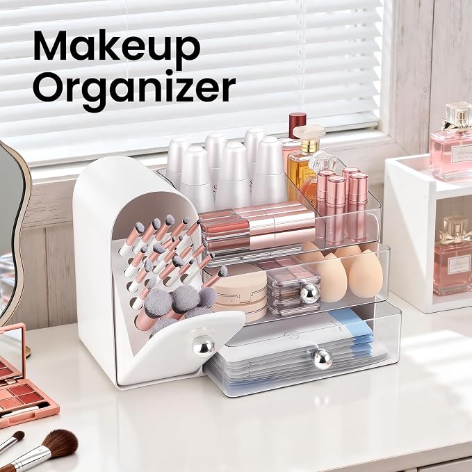 Makeup Organizer,Vanity Organizer with Makeup Brush Holder,White | Waterproof,Dustproof,Clear Drawer,Large Capacity,Storage Lipstick,Perfumes,Skincare for Dresser,Bathroom Countertop,Desk,Gift