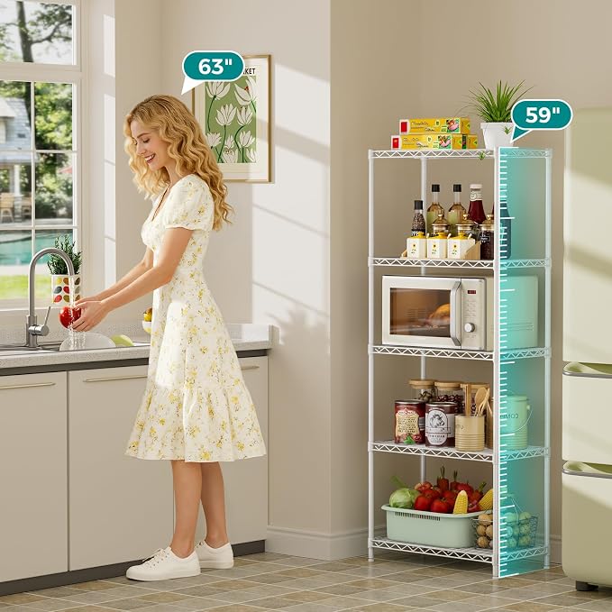 SINGAYE 5 Metal Shelves Wire Shelving Storage Shelf Adjustable Unit Pantry | 5 Tier Kitchen Laundry Room Organization Home Pantry Closet Bathroom Organizers Garage Rack 12" D x 22" W x 59" H White