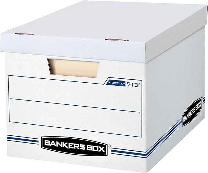 Bankers Box 12-Pack Basic-Duty File Storage Box with Lid, Letter/Legal | Tame everyday paperwork with affordable file boxes, lift-off lids, and reinforced handles for simple record storage.