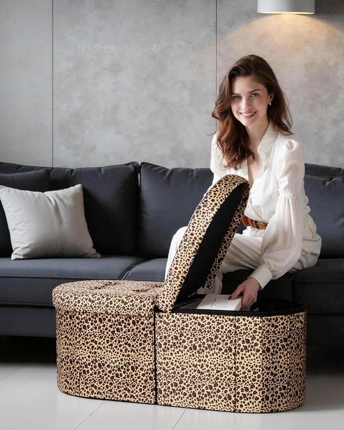 AmasSmile Oval Ottoman Storage Bench, 34" Leather Folding Stool, Leopard | Large Ottoman with Storage, Thicker Foam Padded Seat, Livingroom, Dorm, Bedroom, Entryway, Easy to install, 34 x 13 x 13in