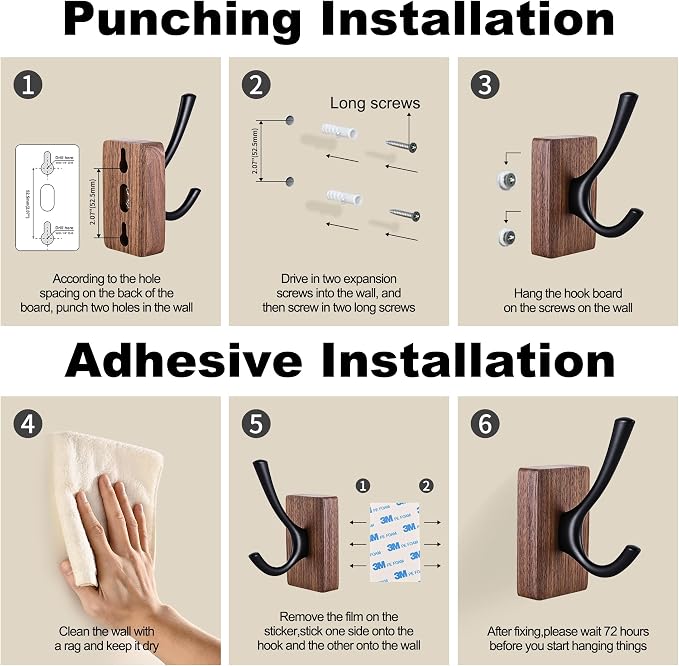 4 Pack Walnut Wood Wall Coat Hooks for Hanging, Adhesive Mounted & Wall Mount Heavy Duty Decorative Wooden Double Hook hanger for Towel Backpack Hat Jacket Clothes Blanket Purse Closet Robe Key