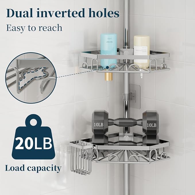 Consumest Shower Caddy Tension Pole, Shower Caddy Corner, Silver, 4 Tier | 304 Stainless Steel Rustproof, Adjustable 27.6-108.3 Inch, Corner Shower Shelves, Brush & Soap Holder