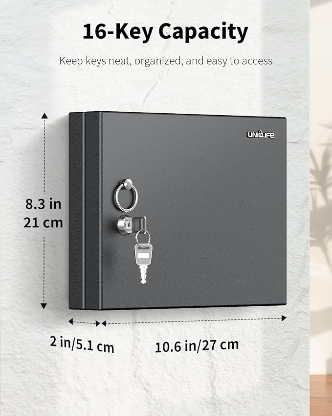 Uniclife 16 Keys Key Lock Box, Wall Mount Key Box, Car Key Organizer with Writable Key Racks and Tags, Security Key Cabinet, Car Key Holder Storage Box for Office, Hotel & Company