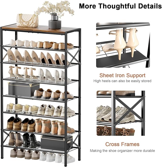 8 Tier Metal Shoe Rack with Wood Top, 24-32 Pairs Rustic Brown | 52in tall maximizes vertical space. 2 iron sheets for heels. Remove a layer for tall boots. Versatile for home.