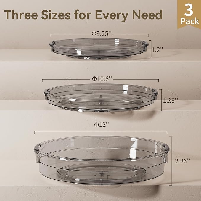 LAMU 3 Pack Lazy Susan Organizer Turntable for Cabinet, Condiment Organizer for Kitchen Pantry Organizers and Storage, Table Top, Fridge, Countertop, Spice Organization, 12'' 10.6'' 9.25'', Grey
