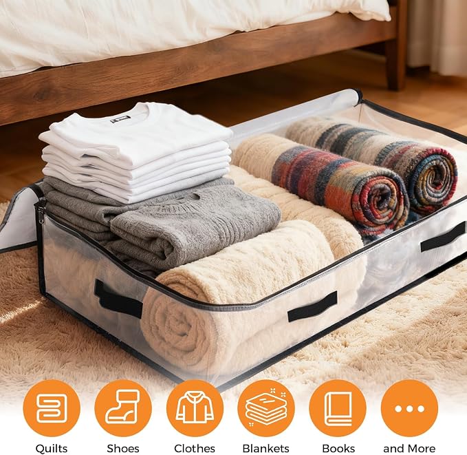 8 Pack Under Bed Storage Bags, 90L Foldable Clear Containers with Handles | Dual Zipper Storage Bins for Comforters, Bedding, Blankets, Closet Organizer for Clothes, Linen Sheets, Sweaters