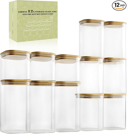 LIBWYS 12-Pack Glass Pantry Storage Jars with Bamboo Lids(0.76/1.22/1.67Qt) | Stackable Dry Food Containers for Pantry Organization, Coffee, Flour, Snacks, Tea, Pasta, Spaghetti | Kitchen Canisters Set