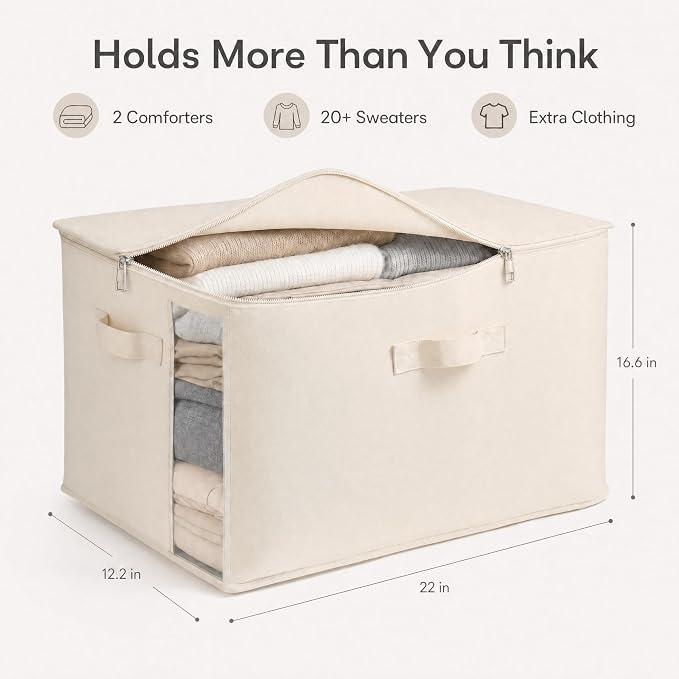 2 Pack Large Canvas Comforter Storage Bags Closet Organizer for Clothes Sweater Clothes Organizer with Dual Zipper Three Carrying Hand