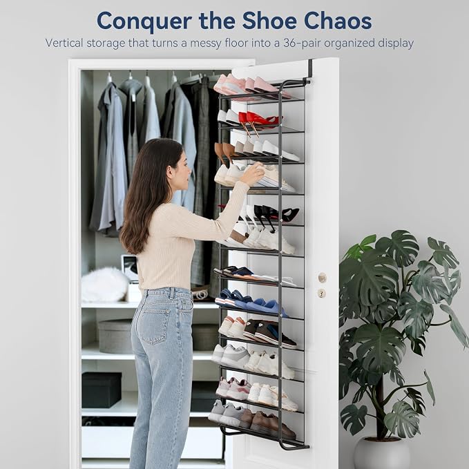 Whitmor 36 Pair Over The Door Shoe Organizer, 12 Tier Hanging Shoe Organizer, Heavy Duty Metal & Mesh Shoe Holder, Hanging Shoe Rack for Closet Organizer, 74" L x 21.7" W x 7.5" H, Matt Gunmetal