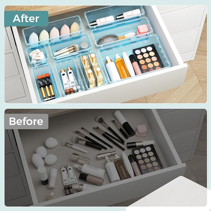 44 PCS Clear Plastic Drawer Organizer Set, 4 Sizes Storage Bins, Sea Blue | Desk Drawer Organizer Trays for Makeup, Jewelry, Gadgets and Utensils, Perfect for Bathroom, Bedroom and Office Organization
