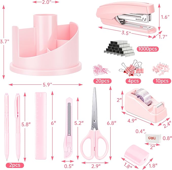 deli Office Supplies Set, Desk Accessory Organizer Kit, Pink | Stationary Set, Desk Supplies with Rotating Multi-Functional Pen Holder &Stapler Set for Office, School, Home