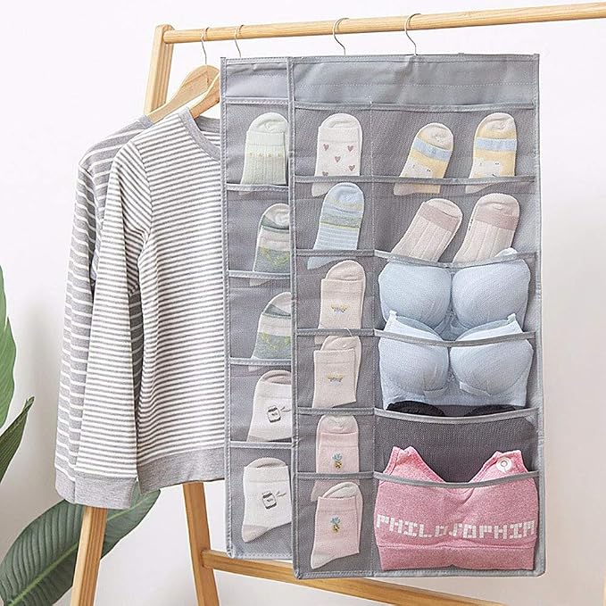 Closet Hanging Organizer with Mesh Pockets & Rotating Metal Hanger,Dual Sided Wall Shelf Wardrobe Storage Bags,Oxford Cloth Space Saver Bag for Bra Underwear Underpants Socks (gray)