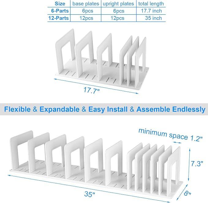 Adjustable Vertical File Sorter Sturdy Plastic Expandable Upright File Holder, Desktop Binder Organizer, Home School Office File Organizer Bookshelf Divider, Assemble Easily Endlessly, White