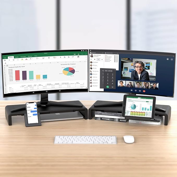 Klearlook Computer Monitor Stand for Desk, Adjustable Foldable Monitor Riser with Storage Drawer & Tablet Phone Holder for Office, Home, Laptop, Desktop (Black 2 Pack)
