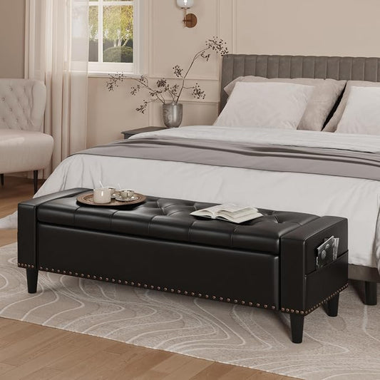 60" Storage Ottoman Bench, Faux Leather Upholstered Bed Bench with Tufted Buttons and Nailhead Trim, Large Ottoman with Storage for King Size End of Bed, Bedroom, Entryway, Hallway (black)