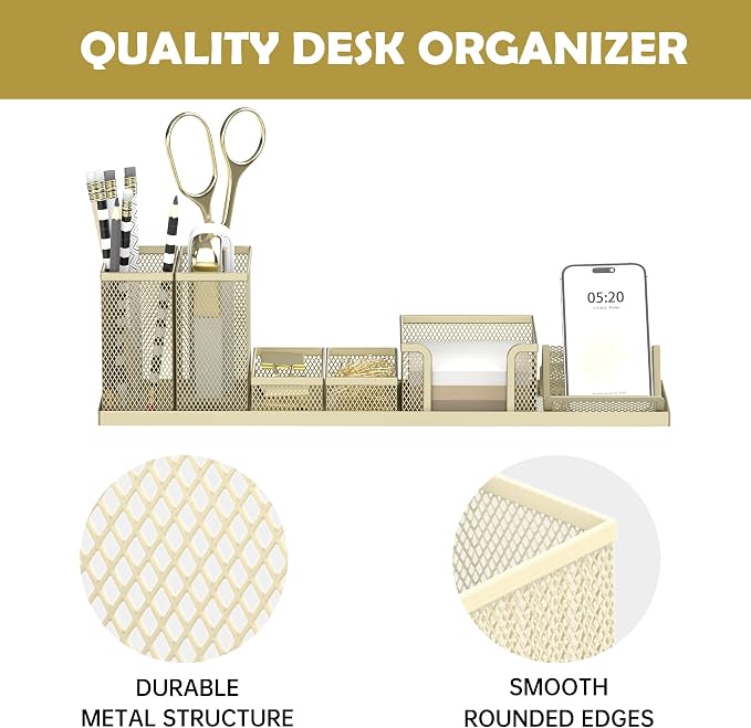 Pen Holder for Desk, 6-Piece Mesh Desk Organizer with Phone Holder, Gold | 6-Piece Black Mesh Desk Set Includes Pen Cups, a Sticky Note Caddy and Phone Holder for Office, School, Home