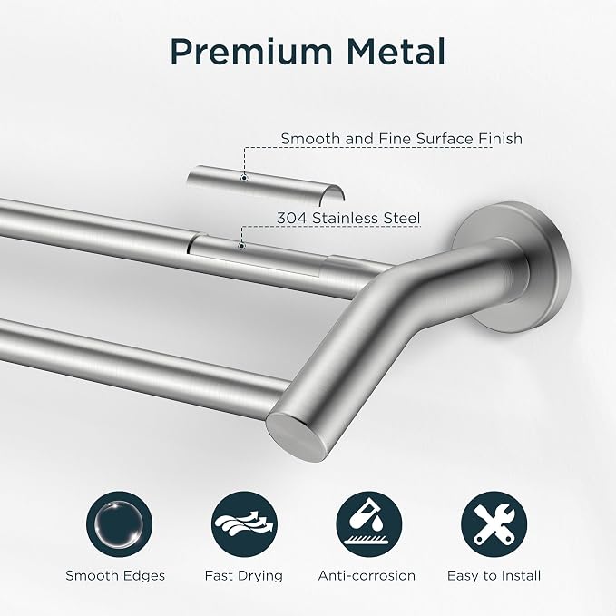 FORIOUS Double Towel Bar 24", Bathroom Towel Holder Rod Brushed Nickel | Heavy Duty Towel Racks for Bathroom Bedroom, Space Saving, Rustproof, Stainless Steel Towel Holder, Total Length 26 Inch
