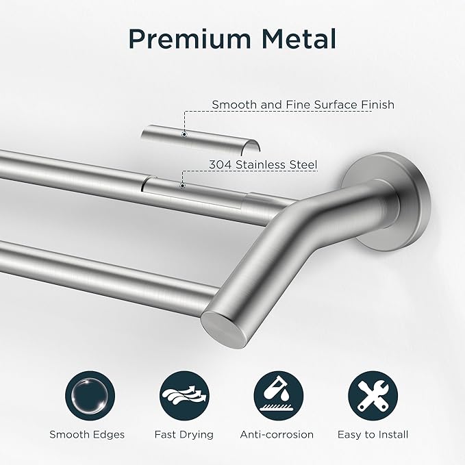 FORIOUS Double Towel Bar 30", Bathroom Towel Holder Rod Brushed Nickel | Heavy Duty Towel Racks for Bathroom Bedroom, Space Saving, Rustproof, Stainless Steel Towel Holder, Total Length 32 Inch