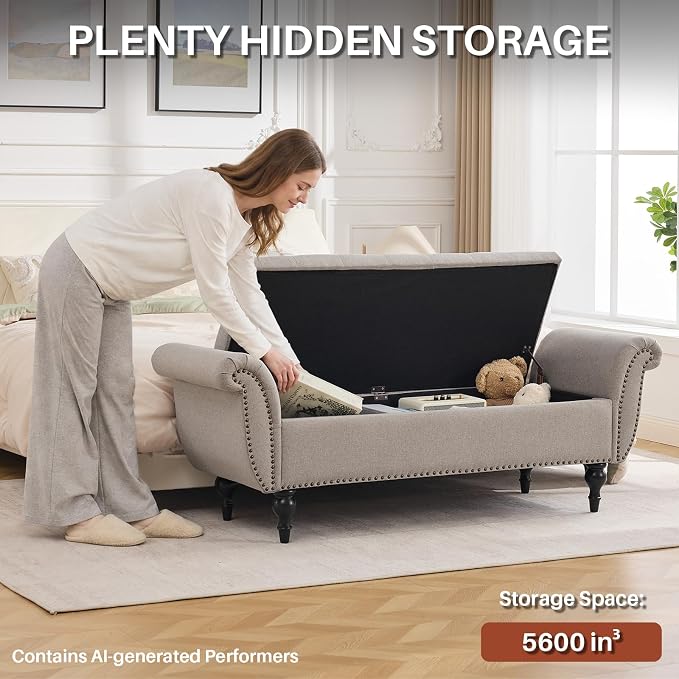 63.8" Storage Bench for Bedroom Rolled Arm Ottoman 700 Lb Linen Light Khaki | Premium Linen End of Bed Bench Elegant Upholstered Ottoman with Hidden Storage Entryway Shoe Bench Window Seat
