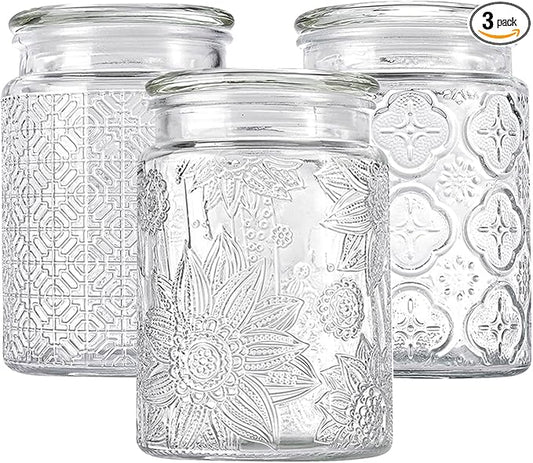Glass Storage Containers With Lids, Glass Jars With Lids, 24oz, Set Of 3 | Airtight Glass Food Storage Containers, Kitchen Canisters For Sugar, Coffee, Tea, Spice, Flour, Candy, Pasta, Cereal