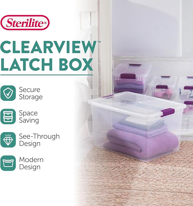 Sterilite 66 Qt ClearView Latch Storage Box, Stackable Bin with Latching Lid, Organize Clothes, Blankets, Items in Closet, Clear Base and Lid, 24-Pack | Clear Plastic Organizers with Color Accent Latches for Closet, Bedroom, Shelving Units, Dorm Room a...
