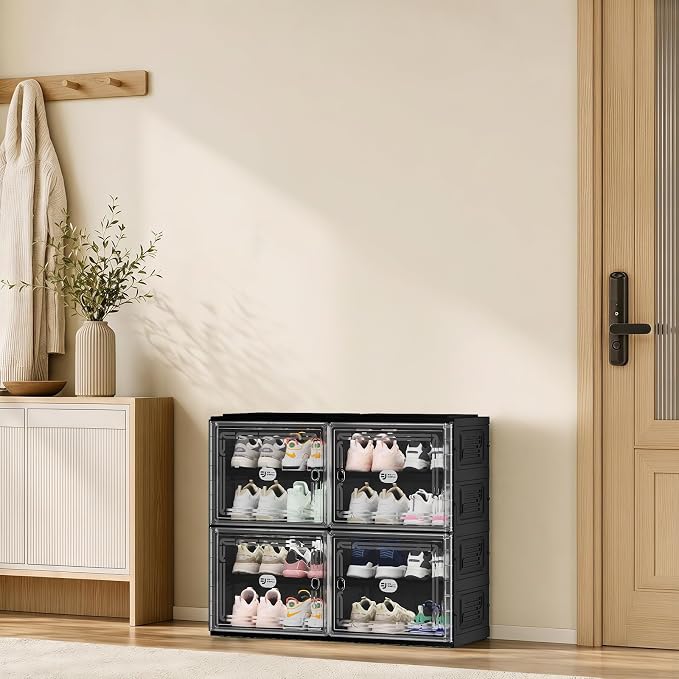 16 Pairs Foldable Shoe Rack Storage Cabinet with Heavy-Duty Design (Vertical 300 lbs), Tool-Free 4-Step Quick Installation, Wide-Slot Shoe Cabinet for Entryway/Living Room/Garage