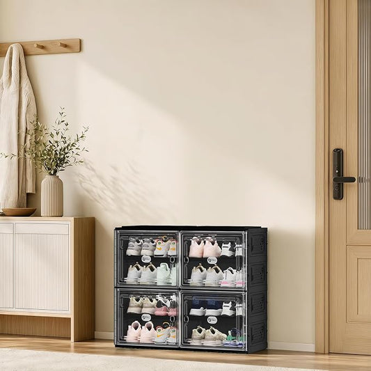 16 Pairs Foldable Shoe Rack Storage Cabinet with Heavy-Duty Design (Vertical 300 lbs), Tool-Free 4-Step Quick Installation, Wide-Slot Shoe Cabinet for Entryway/Living Room/Garage