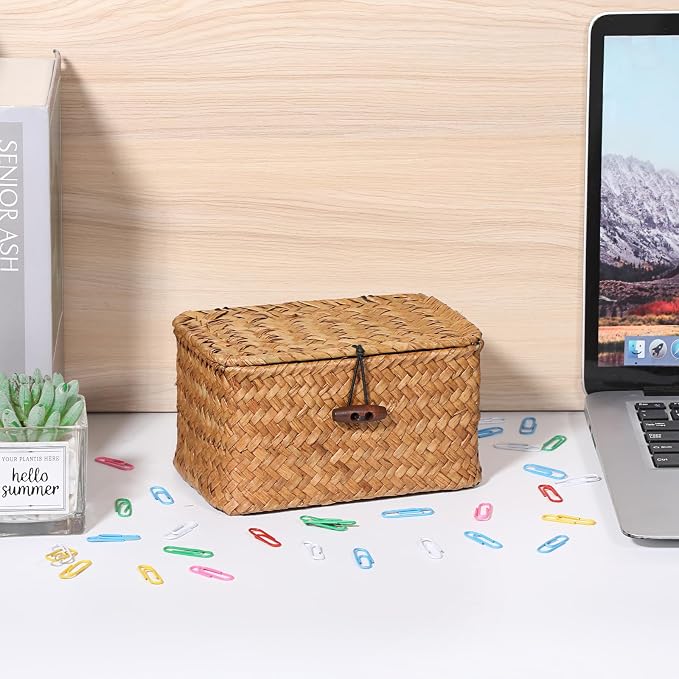 Small Decorative Box Natural Seagrass Box with Lid, 6.1"x 4"x 3.3" | Wicker Basket for Organizing Keys,Wicker Shelf Baskets for Bathroom & Living Room