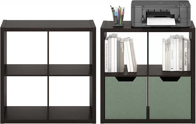 Furinno Cubicle Book Shelf Set of 2, 4-Cube Bookshelf, Black Dark Oak | 14.6 x 30 x 30, 1.2" Thick Frame Bookcase with Reversible Open Back, for Living Room, Bedroom, Home Office