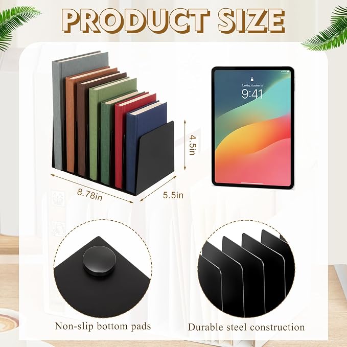 Suzile Metal Desktop File Organizer, 7 Compartments, Vertical File Sorter, Black, 5.51" W x 8.78" L x 4.49" H, Office, Reception Areas, Workspace
