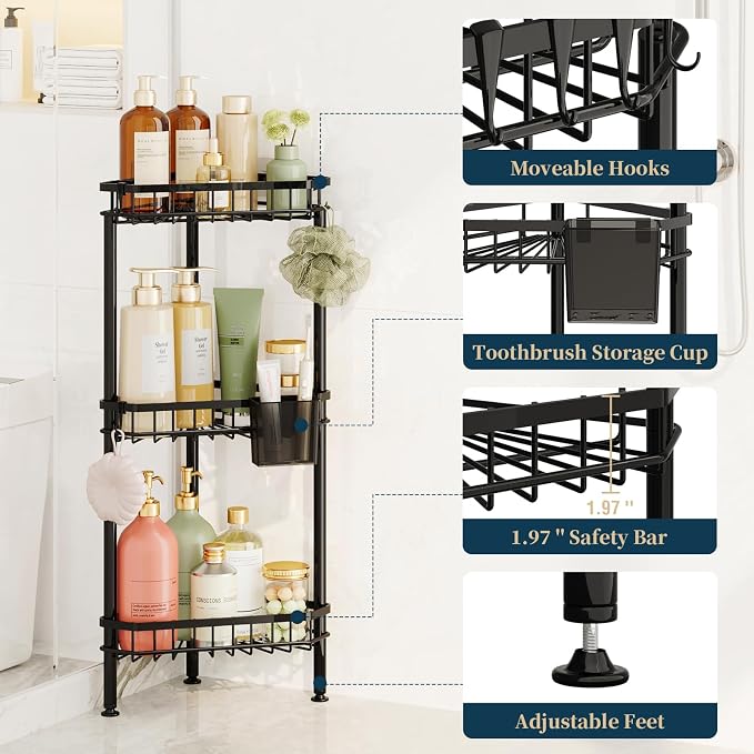 Consumest Corner Shower Caddy Stand - Rustproof Bathroom Organizer&Storage | 3 Tier Shower Shelves for Inside Shower, Stainless Steel Corner Shelf with Soap Holder, 4 Hooks, Brush Holder, Black