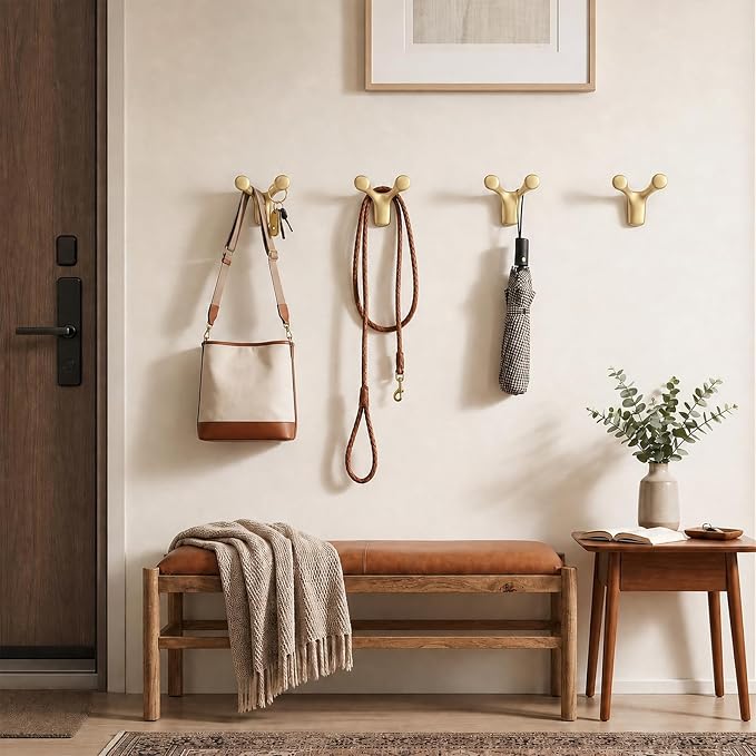 Coat Rack Wall Mount, Decorative Double Hanger Hooks, 4Pcs Gold Hook, Premium Zinc Alloy Y-Shaped/Antler Hooks for Towels, Bags, Hats, Cups & Keys, Ideal for Entryway, Bedroom, Bathroom, Kitchen