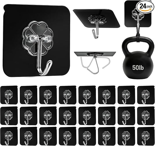 DDMY Adhesive Hooks for Hanging Heavy Duty 2026 Upgraded Black 24 Pack Sticky Wall Hooks 50lbs(Max) Reusable No Damage Hook Super Strong Waterproof for Bathroom, Kitchen, Home, Office and Outdoor