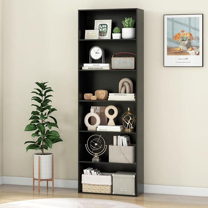 Giantex 6-Tier Bookcase, 70" Tall Wooden Bookshelf, Freestanding Storage Organizer w/Open Shelves, Anti-Tipping Kits, Modern Floor Standing Display Shelves for Living Room, Bedroom (1,Black)
