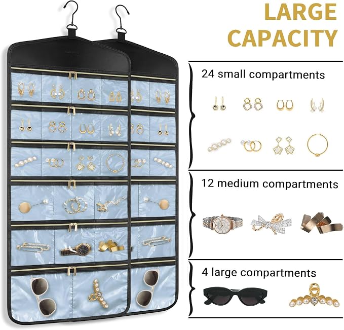 CHICECO Hanging Jewelry Organizer With Zippered Pockets,40 Pockets Travel Jewelry Organizer Storage for Cloest,Wall,Door (Blue)