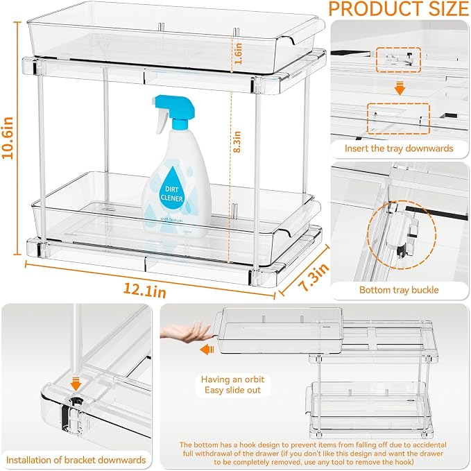 4 Pack Under Sink Organizers and Storage,Clear Acrylic Bathroom Organizer and Cabinet Organization for Makeup,Medicine,Two Tier Pull Out Cabinet Organizer Drawers for Pantry,Vanity Storage Bins