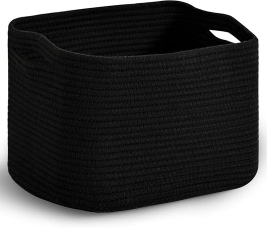 ICERZCZ Woven Cotton Rope Storage Basket for Organizing, Cute Decorative Baskets for Gifts Empty, Organizer Bins for Dog Toy, Baby Laundry, 15“×11”×9.5“, Black